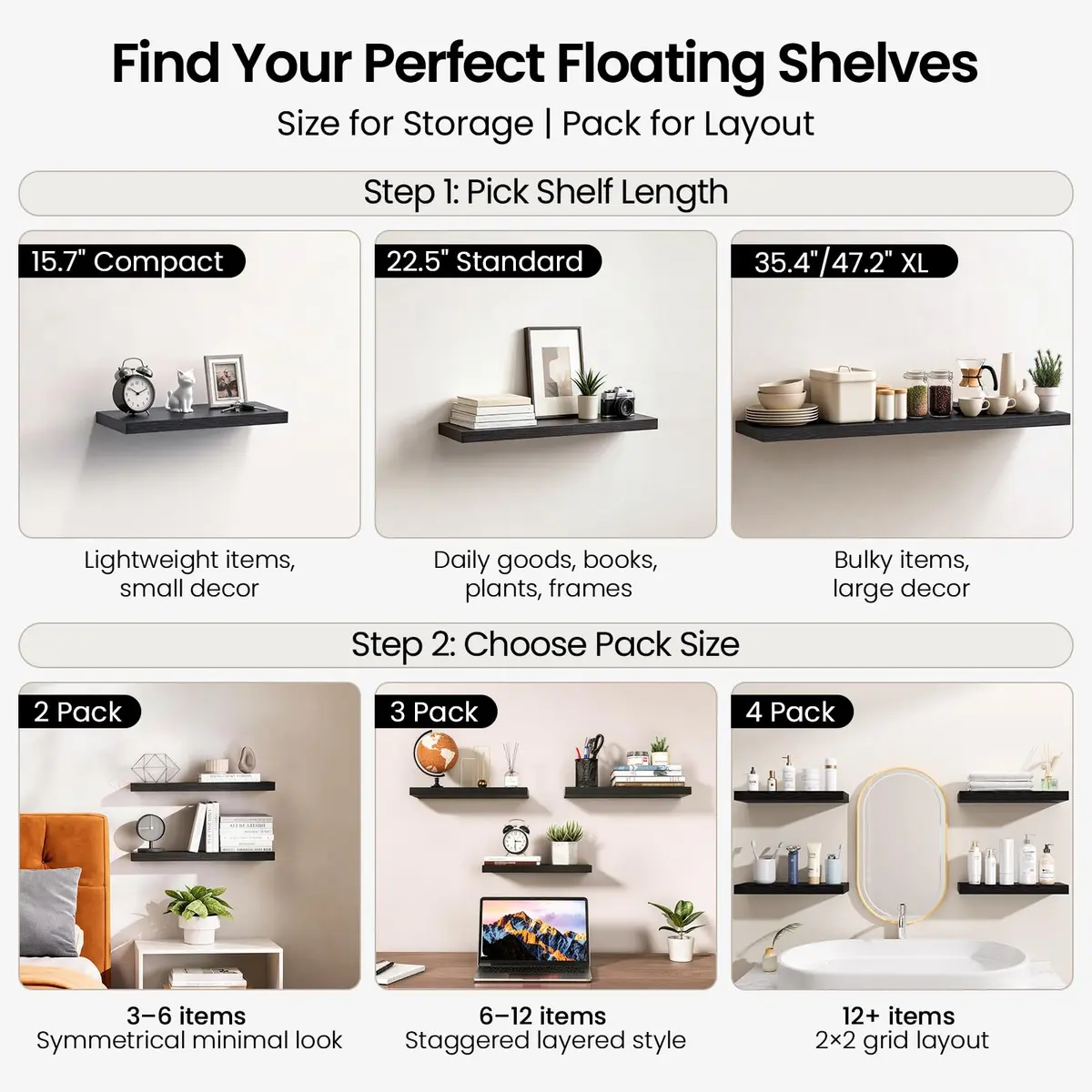 BAYKA Rustic Brown Floating Shelves, 15.7in (39.9cm) Wide, Set of 3 | Sturdy Engineered Wood Wall Mount Shelf for Bathroom, Kitchen, Living Room - view 9