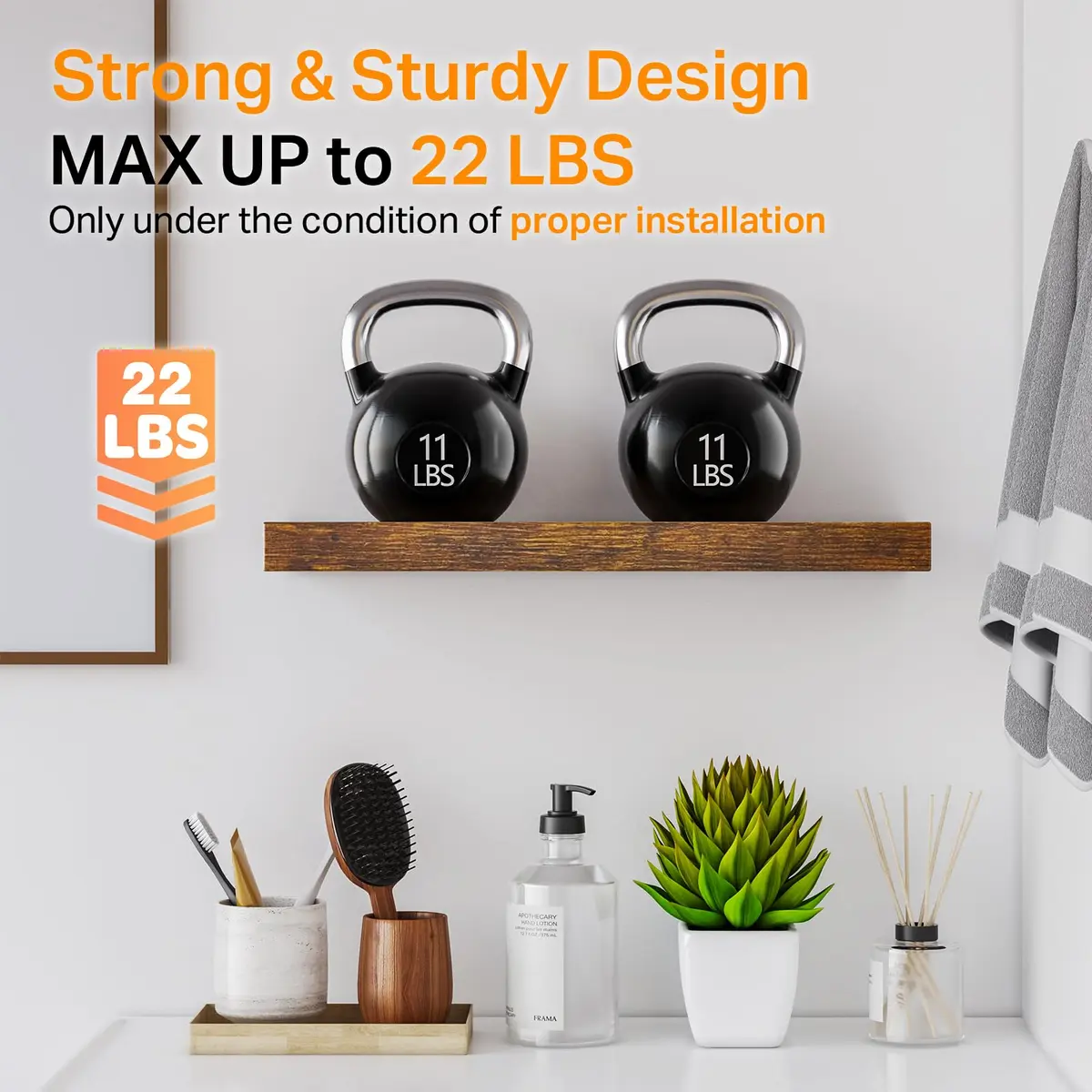 BAYKA Rustic Brown Floating Shelves, 15.7in (39.9cm) Wide, Set of 3 | Sturdy Engineered Wood Wall Mount Shelf for Bathroom, Kitchen, Living Room - view 3