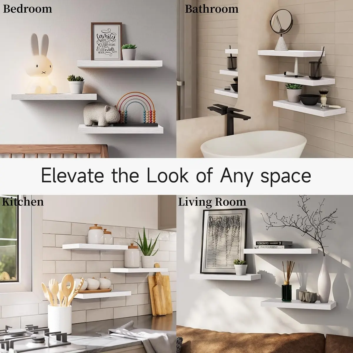 BAYKA White Floating Shelves 15.7in (39.6cm) x 6.7in (17cm) x 1.1in (2.8cm), Set of 3, Wall Mounted for Wall Decor | Modern Minimalist Style - view 7