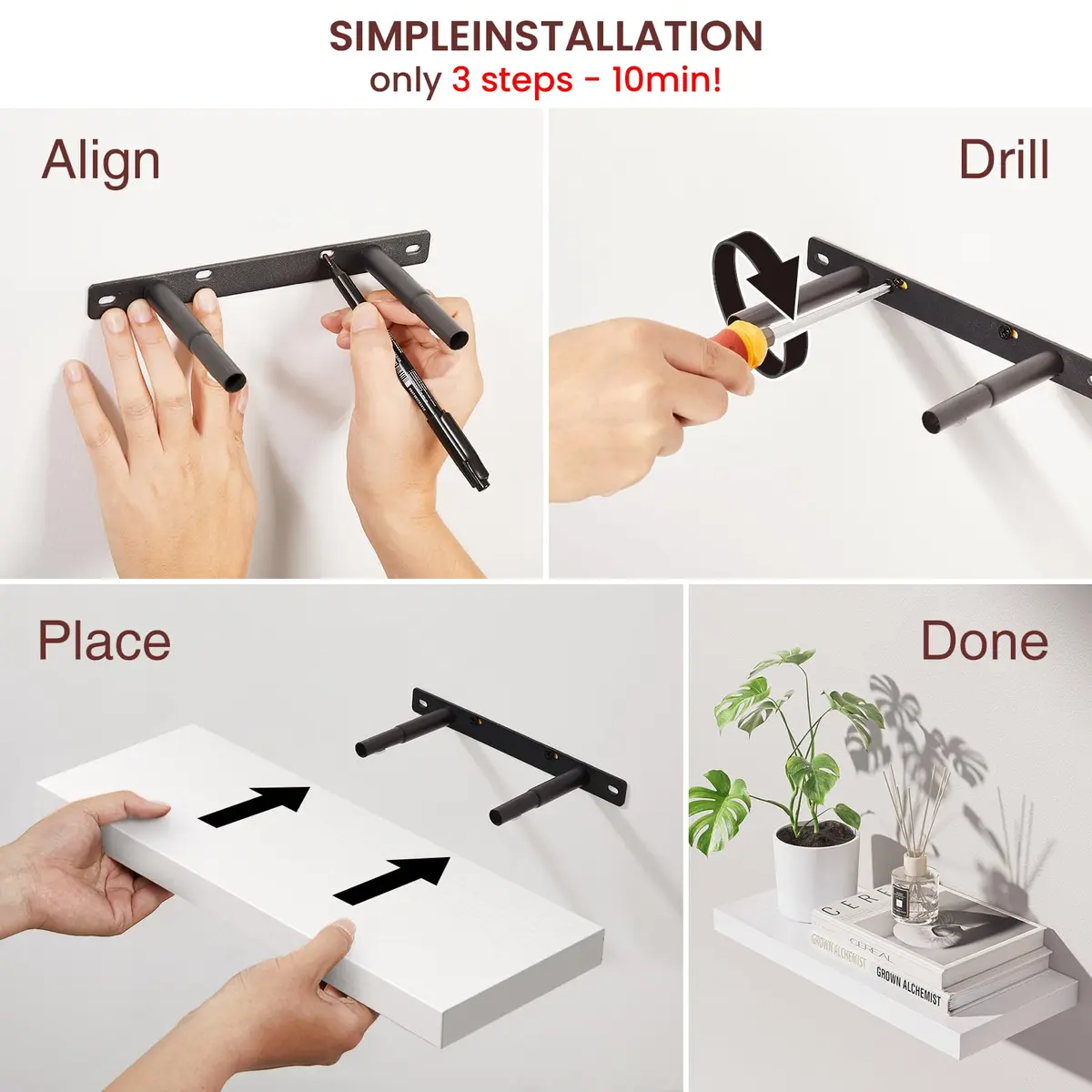 BAYKA White Floating Shelves 15.7in (39.6cm) x 6.7in (17cm) x 1.1in (2.8cm), Set of 3, Wall Mounted for Wall Decor | Modern Minimalist Style - view 8