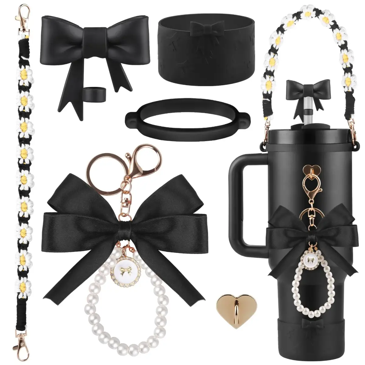 RONGFY Black Bow Accessories Set for Stanley Tumbler | 6-Piece Set with Handle Strap, Boot, Straw Cover - main product image