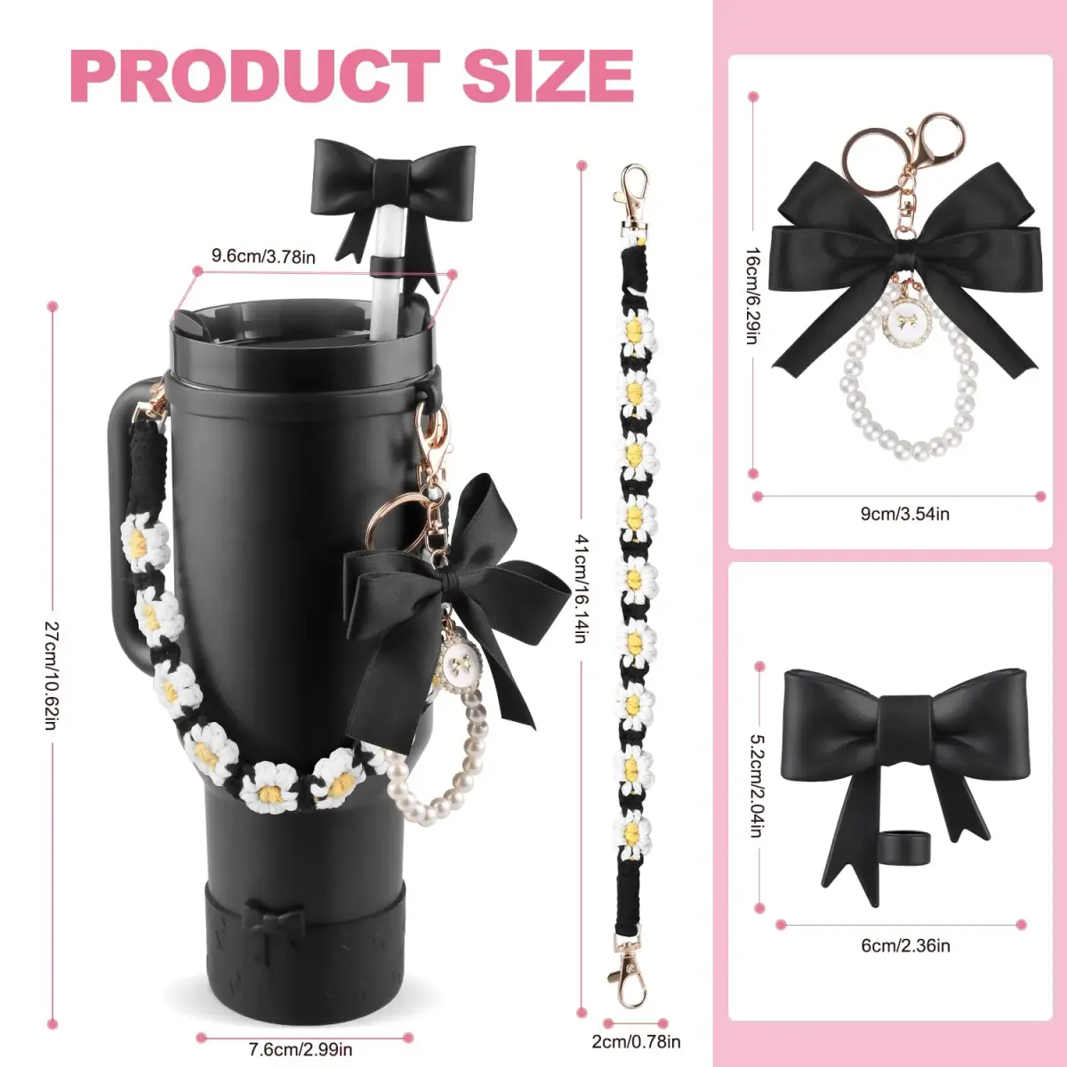 RONGFY Black Bow Accessories Set for Stanley Tumbler | 6-Piece Set with Handle Strap, Boot, Straw Cover - view 5