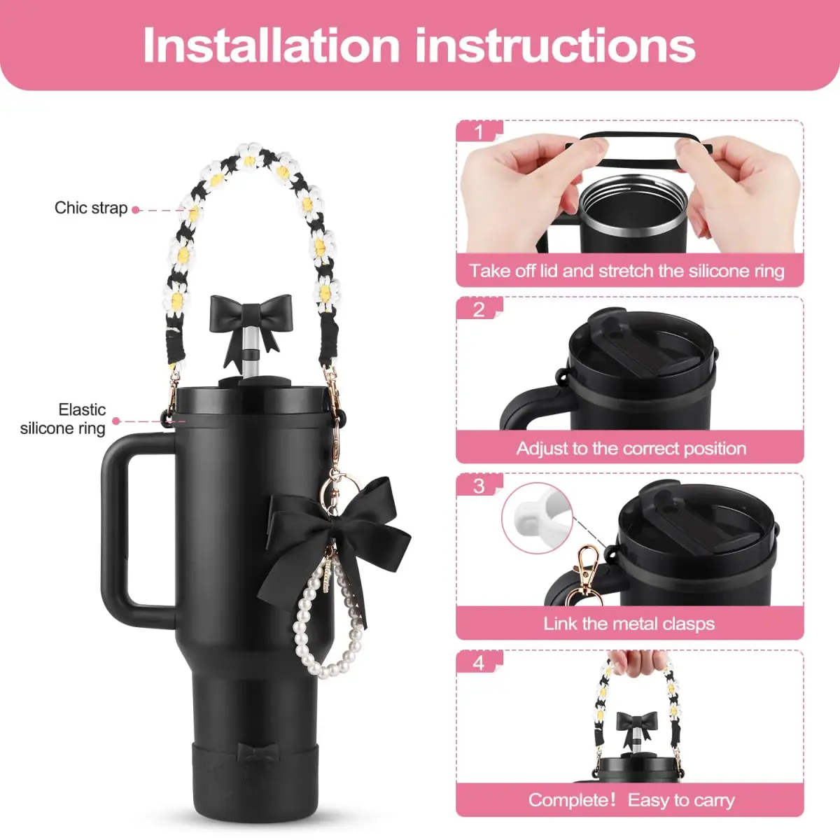 RONGFY Black Bow Accessories Set for Stanley Tumbler | 6-Piece Set with Handle Strap, Boot, Straw Cover - view 6