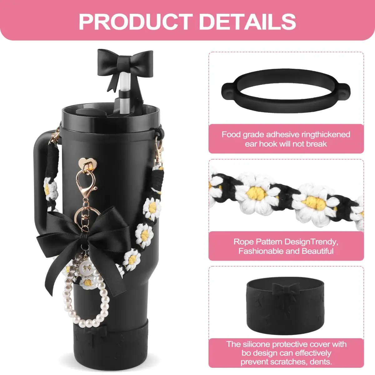 RONGFY Black Bow Accessories Set for Stanley Tumbler | 6-Piece Set with Handle Strap, Boot, Straw Cover - view 2