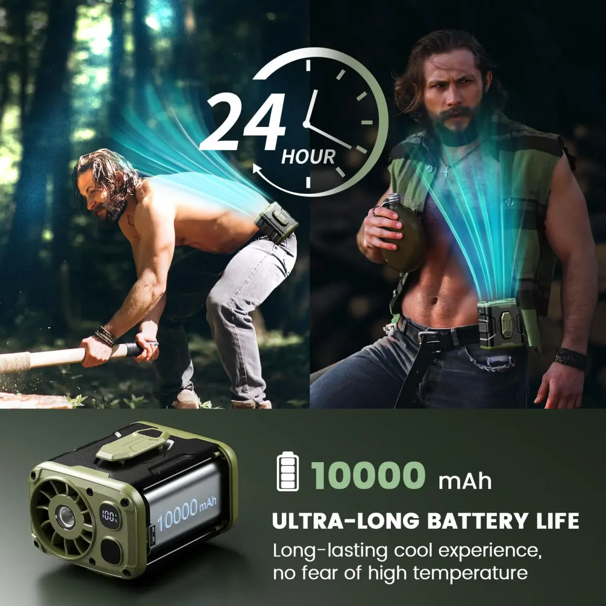 coldSky Upgraded Waist Fan 5 Speeds Clip On Fan, 24 Hrs Cooling, Green | 10000mAh Battery - view 3