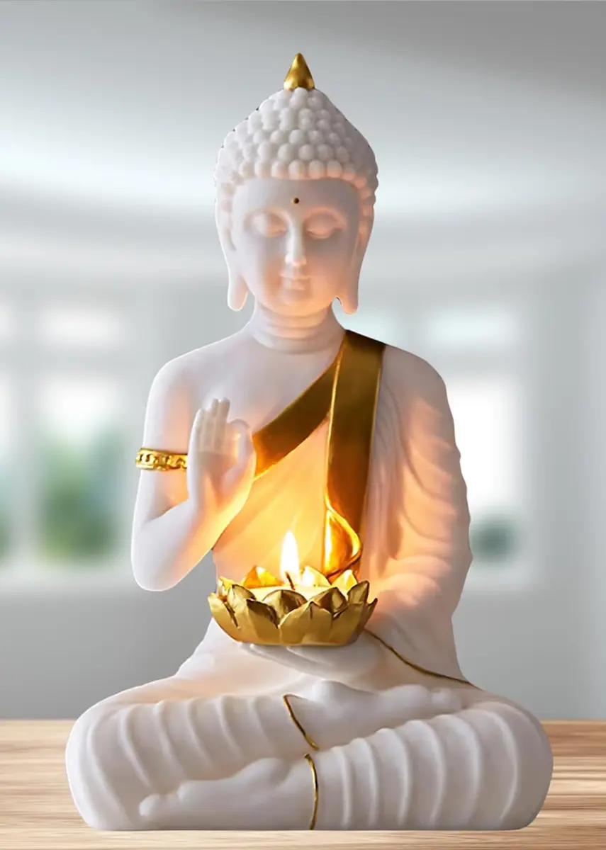 SN Handicrafts Decorative Buddha Statue with T-Light Lotus candel, White and Gold | Serene Meditation Figurine for Home Decor - main product image