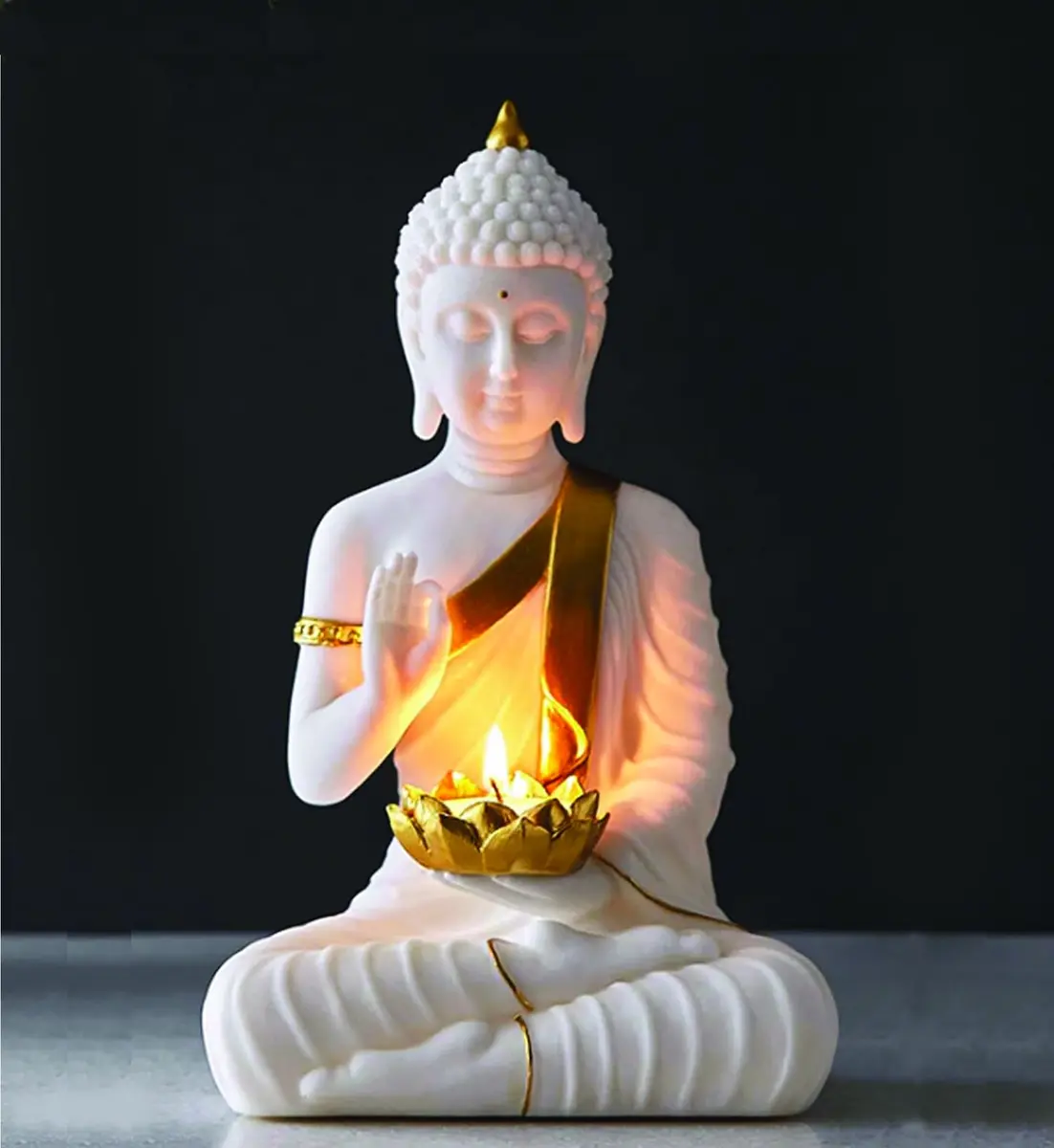 SN Handicrafts Decorative Buddha Statue with T-Light Lotus candel, White and Gold | Serene Meditation Figurine for Home Decor - view 5