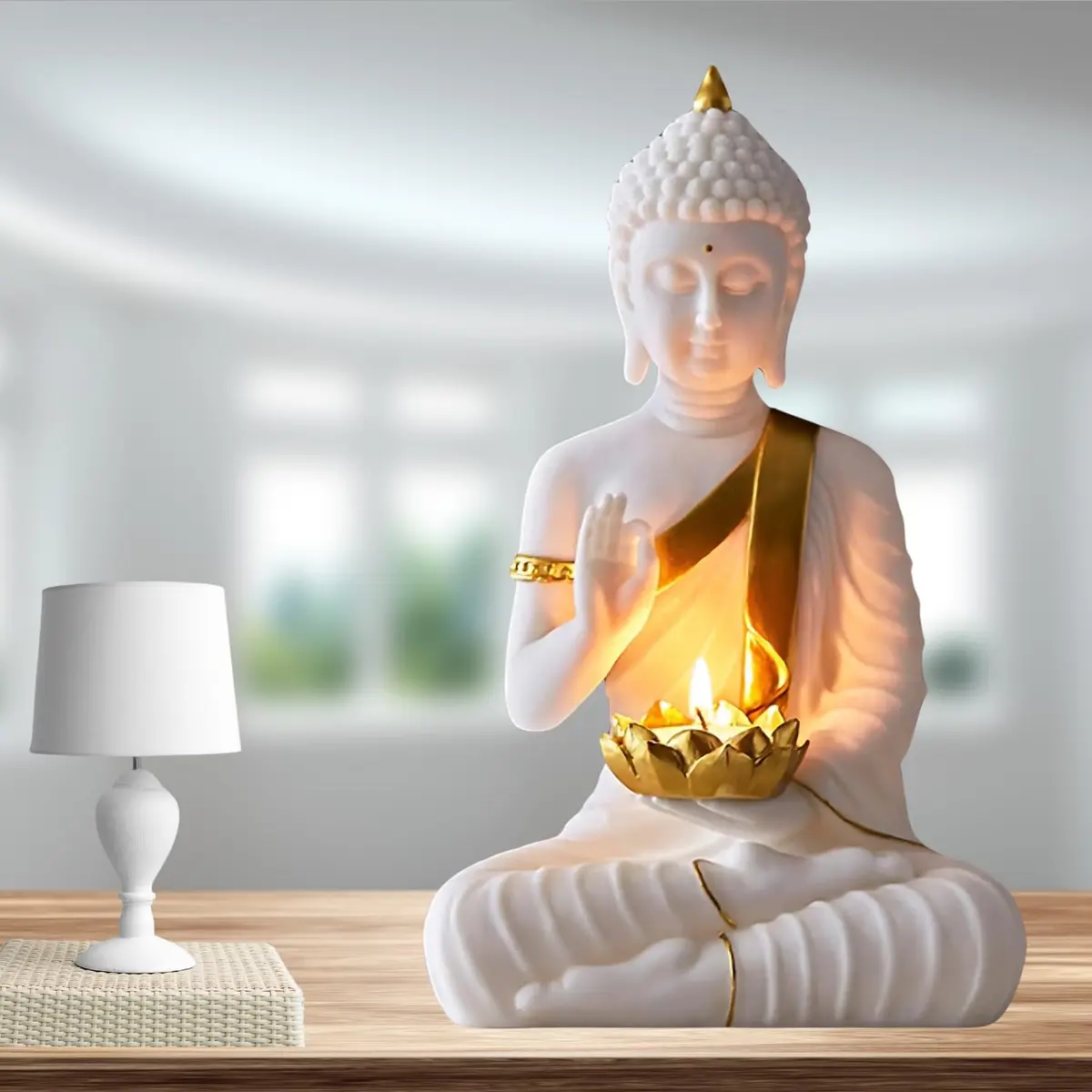 SN Handicrafts Decorative Buddha Statue with T-Light Lotus candel, White and Gold | Serene Meditation Figurine for Home Decor - view 2