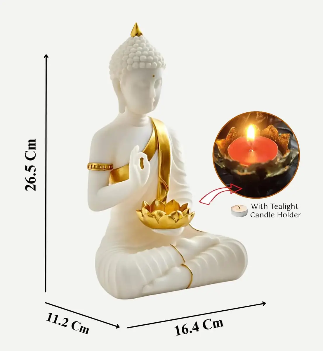 SN Handicrafts Decorative Buddha Statue with T-Light Lotus candel, White and Gold | Serene Meditation Figurine for Home Decor - view 3