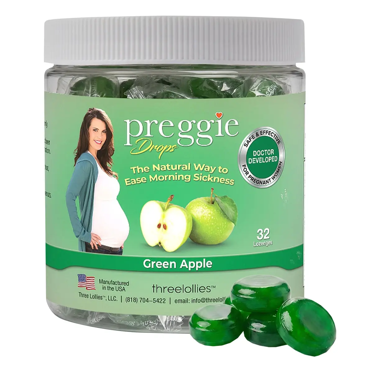 Three Lollies Preggie Pop Drops Pregnancy Candy, Green Apple, 32 Count | Pregnancy Nausea Relief with Vitamin B6 - main product image