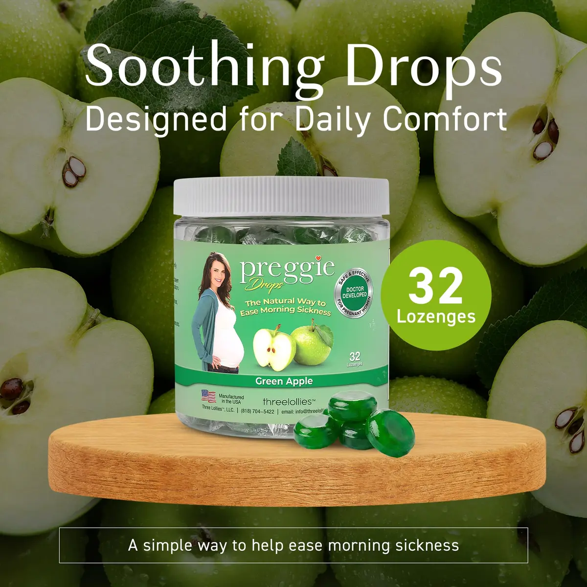 Three Lollies Preggie Pop Drops Pregnancy Candy, Green Apple, 32 Count | Pregnancy Nausea Relief with Vitamin B6 - view 2