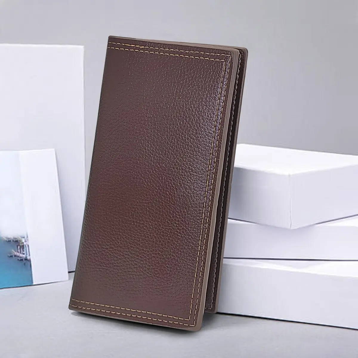AdiStylinno Long Wallet for Men, Minimalist Leather Bifold Slim Wallets, Fashion Clutch Purse Credit Card Holder Wallet (Coffee) - view 6
