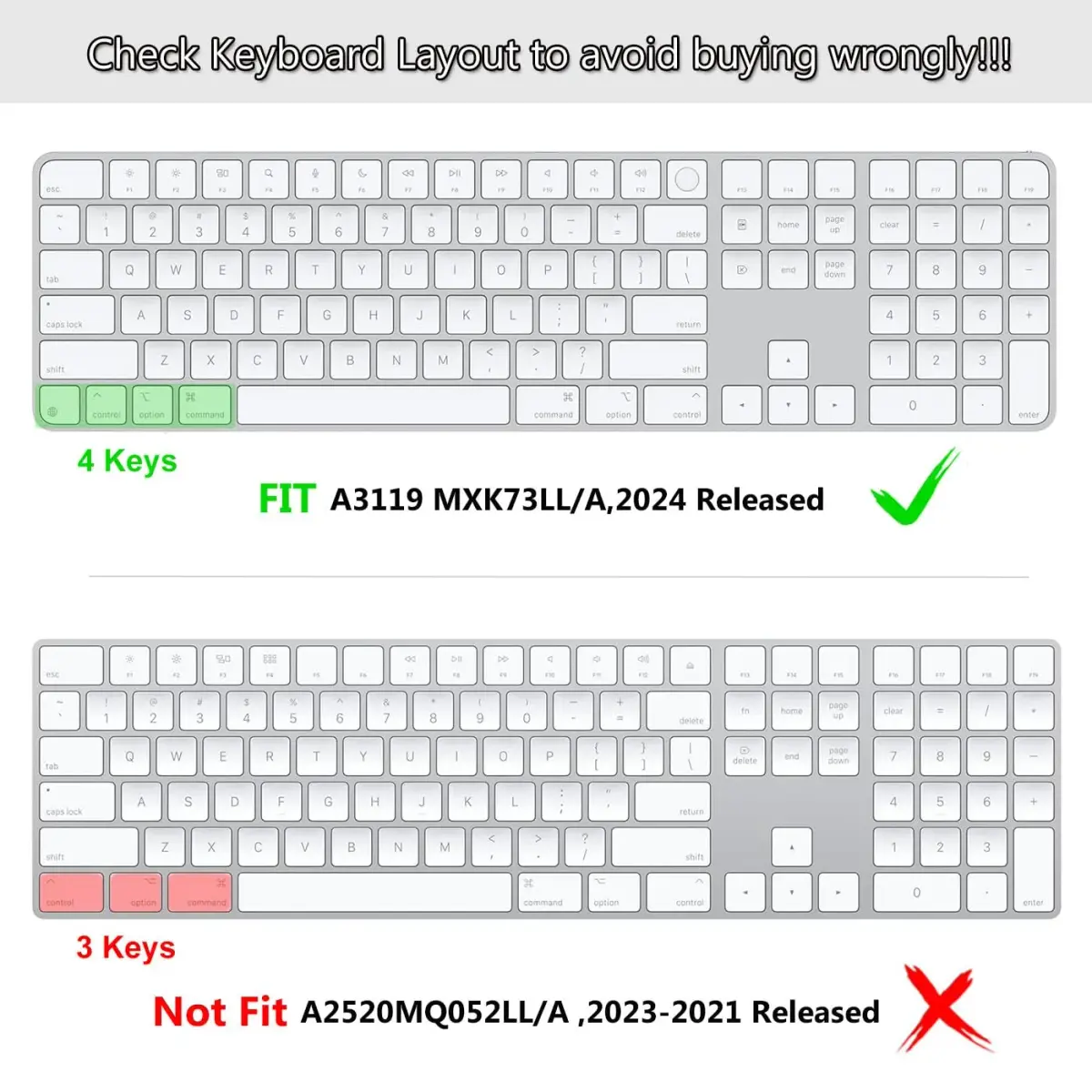 CASEDAO Ultra-Thin TPU Keyboard Cover Skin for 2024 Magic Keyboard with Numeric Keypad A3119 MXK73LL/A - Transparent - view 2