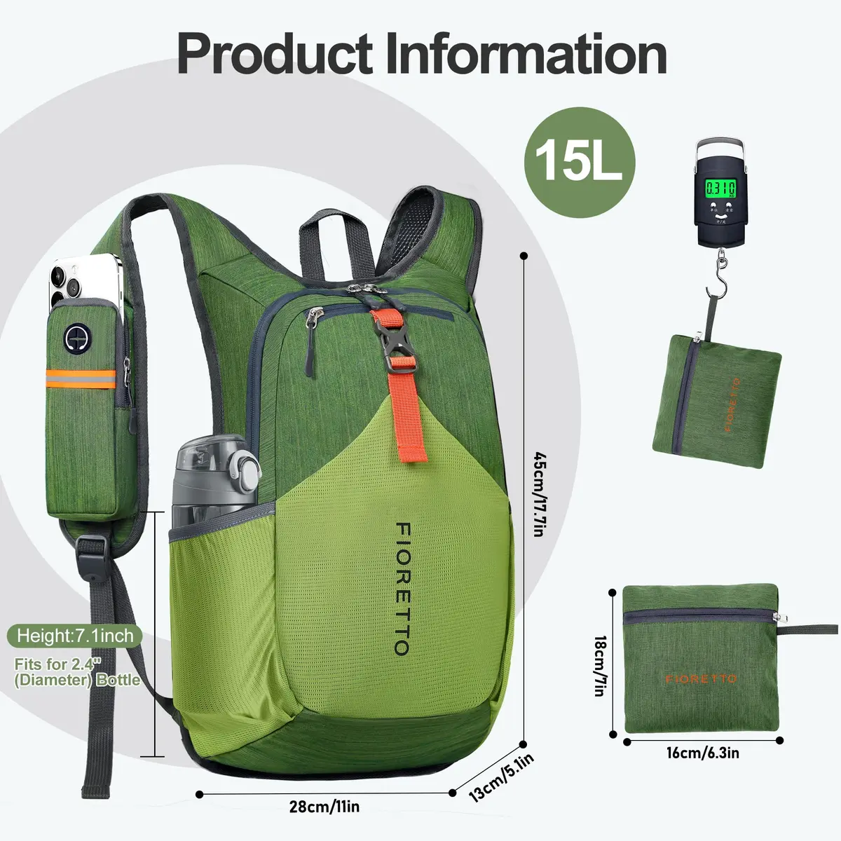 FIORETTO 15L Hiking Backpack 45cm (17.7") | Lightweight Foldable Daypack for Travel Camping Outdoor - view 5
