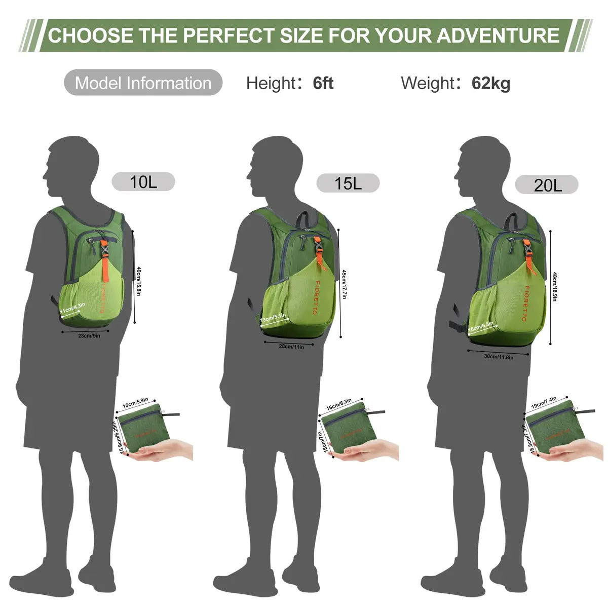 FIORETTO 15L Hiking Backpack 45cm (17.7") | Lightweight Foldable Daypack for Travel Camping Outdoor - view 6