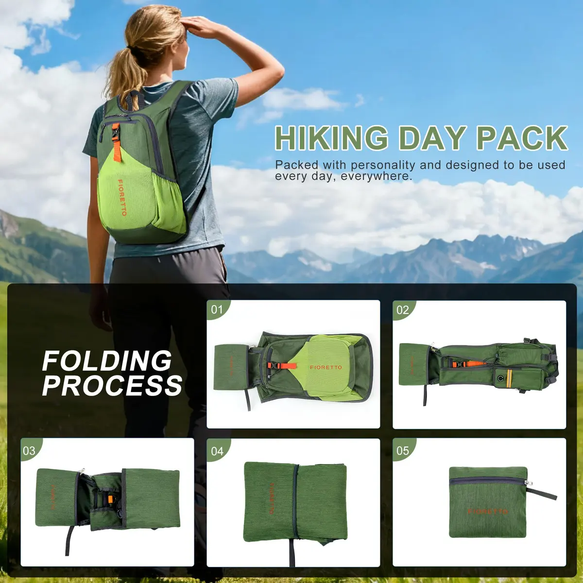 FIORETTO 15L Hiking Backpack 45cm (17.7") | Lightweight Foldable Daypack for Travel Camping Outdoor - view 9