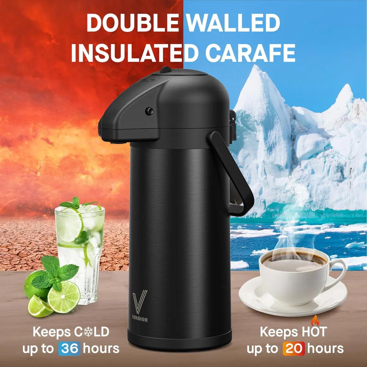 VONDIOR Coffee Carafe for Keeping Hot - Black 102 OZ | Insulated Stainless Steel Beverage Dispenser - view 2