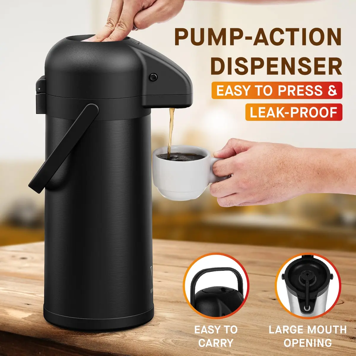 VONDIOR Coffee Carafe for Keeping Hot - Black 102 OZ | Insulated Stainless Steel Beverage Dispenser - view 3