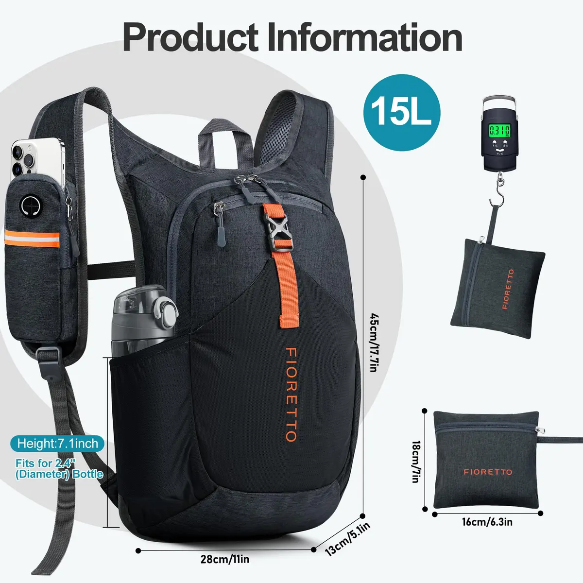 FIORETTO 15L Hiking Backpack 45cm (17.7") | Lightweight Daypack for Travel & Outdoor Adventures - view 5
