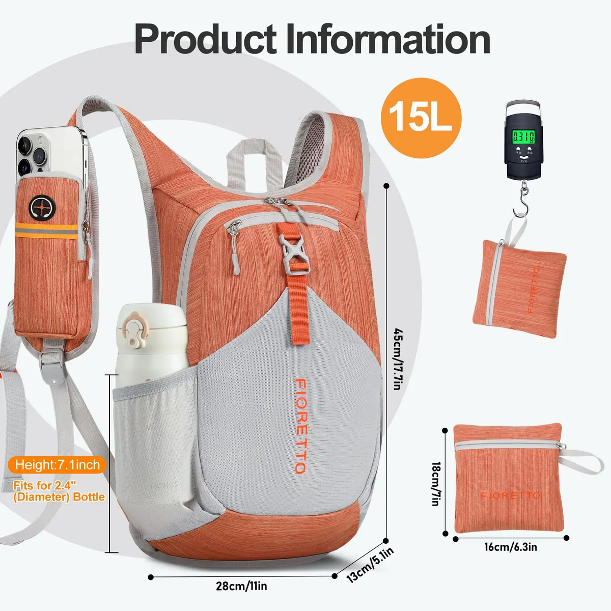 FIORETTO 15L Hiking Backpack for Men Women Lightweight Foldable Small Daypack for Travel Camping Outdoor, Orange | Compact 15L, Water-Resistant - view 5