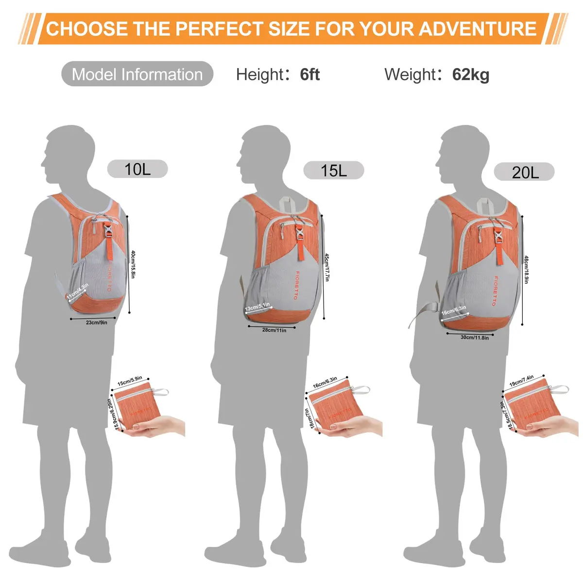FIORETTO 15L Hiking Backpack for Men Women Lightweight Foldable Small Daypack for Travel Camping Outdoor, Orange | Compact 15L, Water-Resistant - view 6