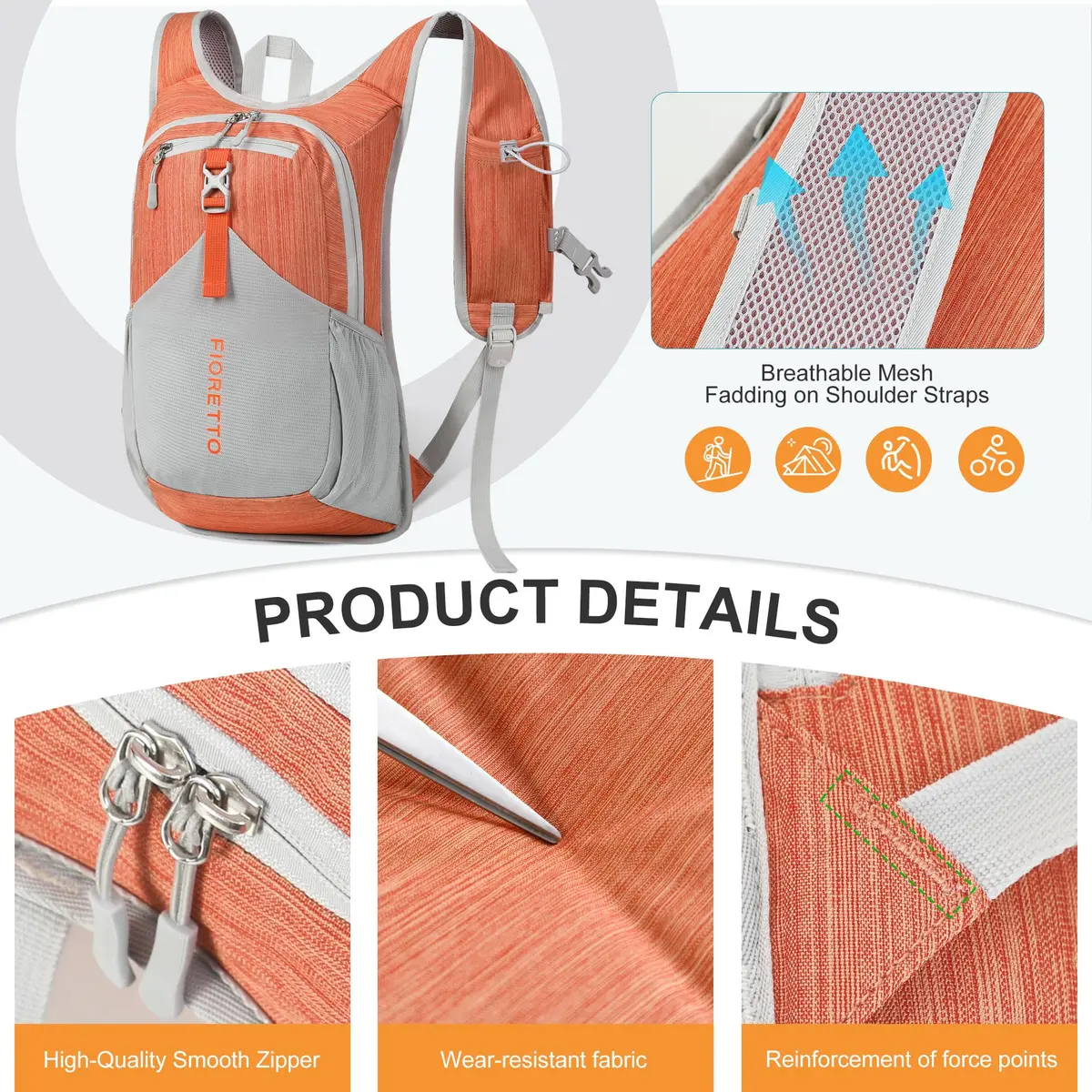FIORETTO 15L Hiking Backpack for Men Women Lightweight Foldable Small Daypack for Travel Camping Outdoor, Orange | Compact 15L, Water-Resistant - view 7