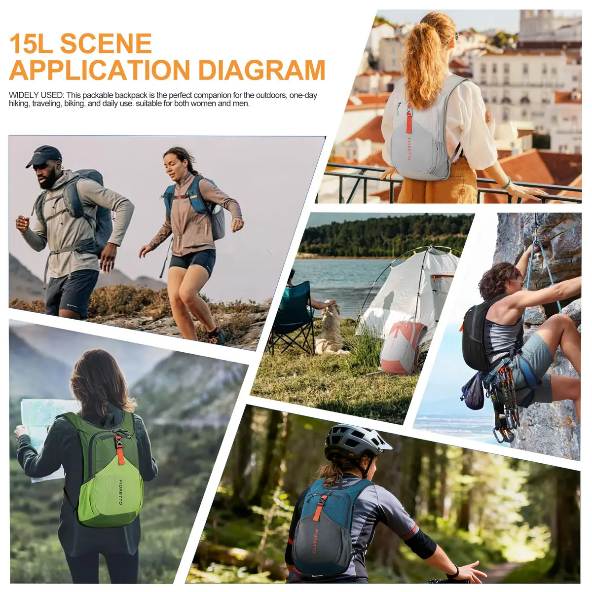 FIORETTO 15L Hiking Backpack for Men Women Lightweight Foldable Small Daypack for Travel Camping Outdoor, Orange | Compact 15L, Water-Resistant - view 8