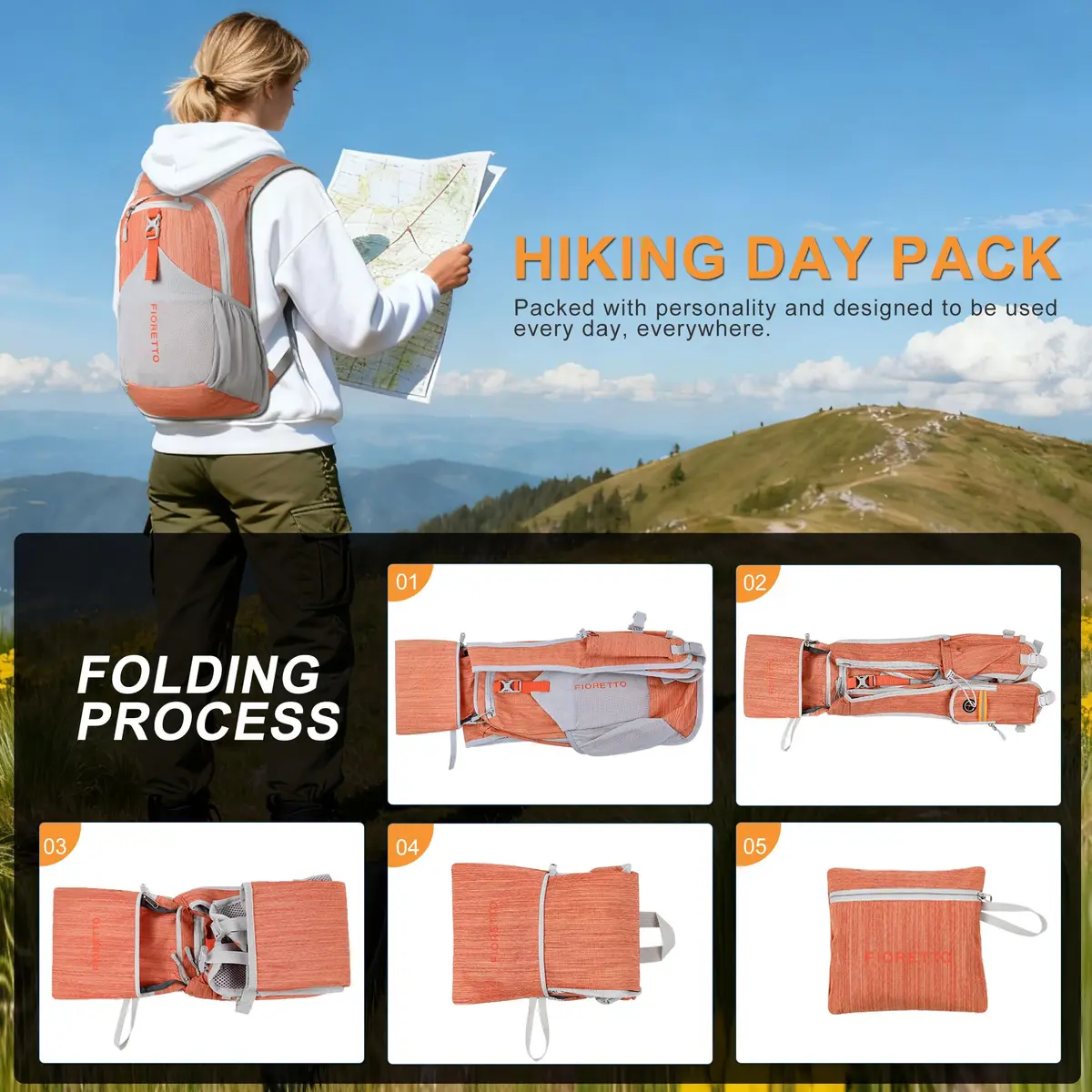 FIORETTO 15L Hiking Backpack for Men Women Lightweight Foldable Small Daypack for Travel Camping Outdoor, Orange | Compact 15L, Water-Resistant - view 9