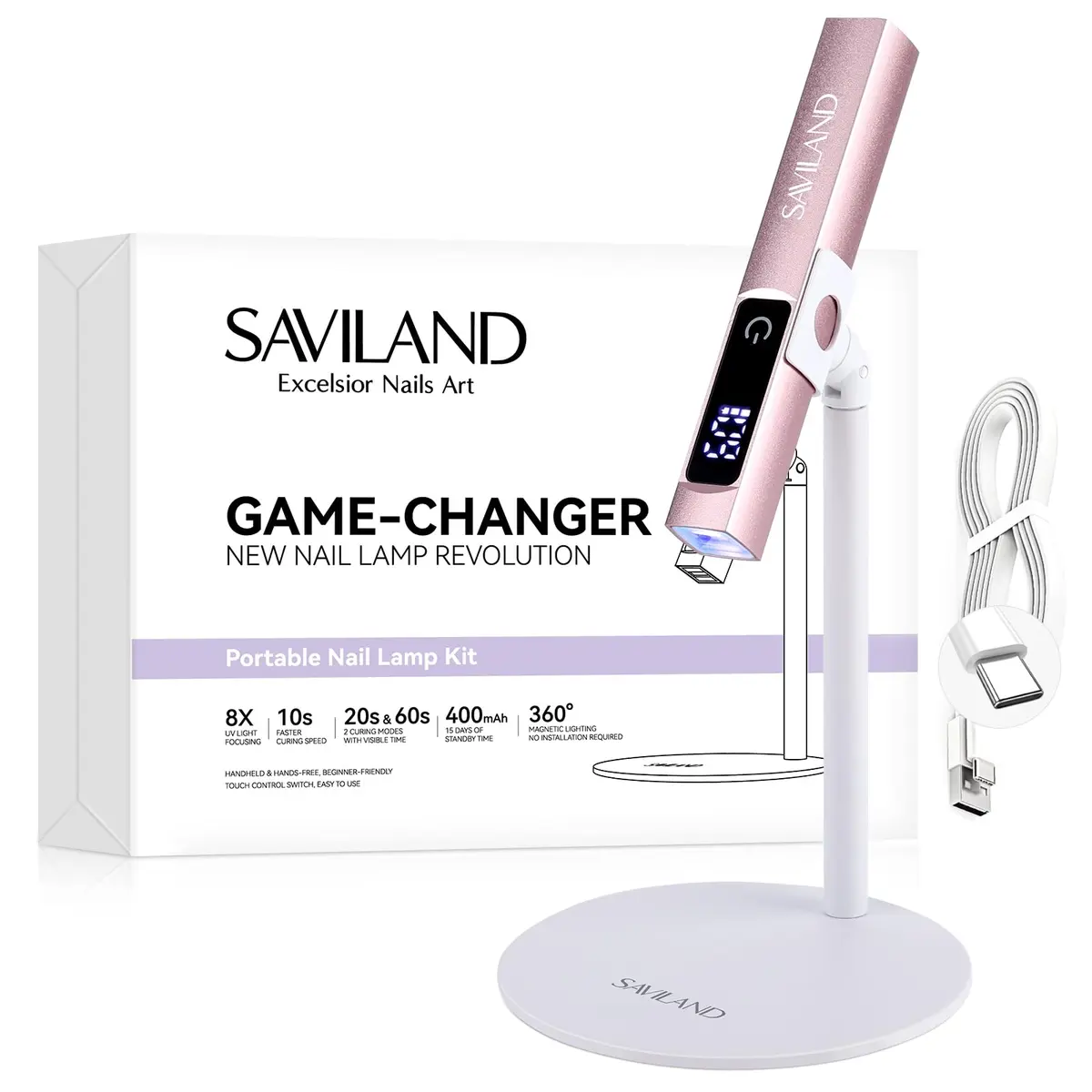 SAVILAND Mini UV LED Nail Lamp Flash Cure Light with Magnetic Stand, Pink | 10s Flash Cure for Gel Polish - main product image