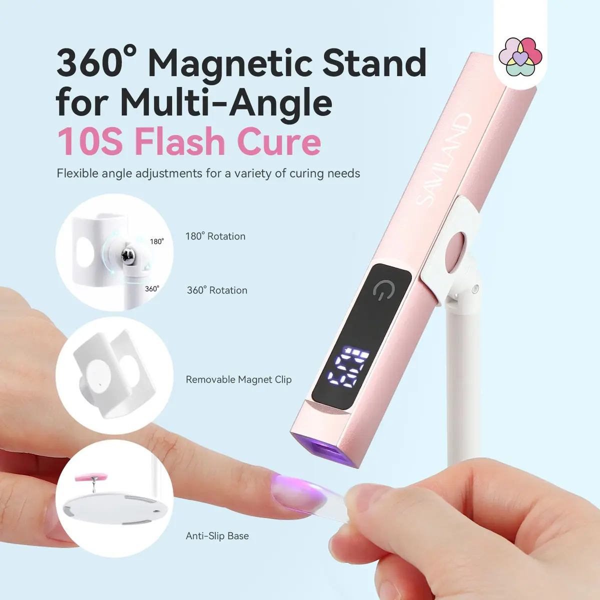 SAVILAND Mini UV LED Nail Lamp Flash Cure Light with Magnetic Stand, Pink | 10s Flash Cure for Gel Polish - view 3