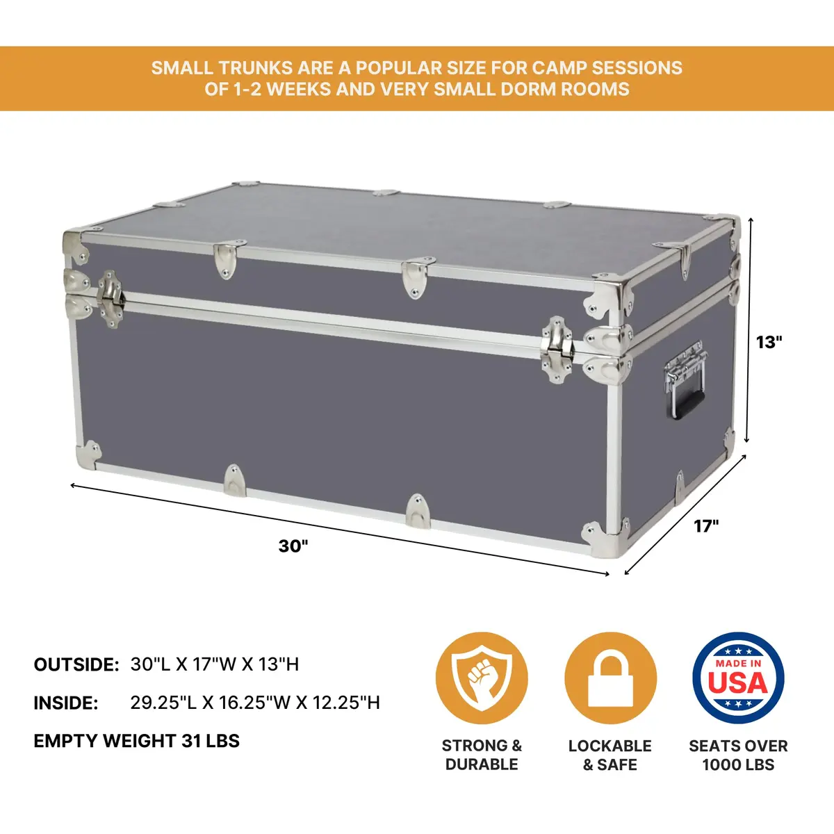 Rhino Trunk & Case Small Essential Storage Box 30"L x 17"W x 13"H | Heavy-Duty Camp & Dorm Trunk - view 3
