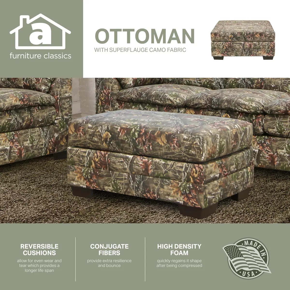 American Furniture Classics Rectangular Upholstered Ottoman 24"D x 36"W x 18"H | Camo Fabric, Plush Support - view 4