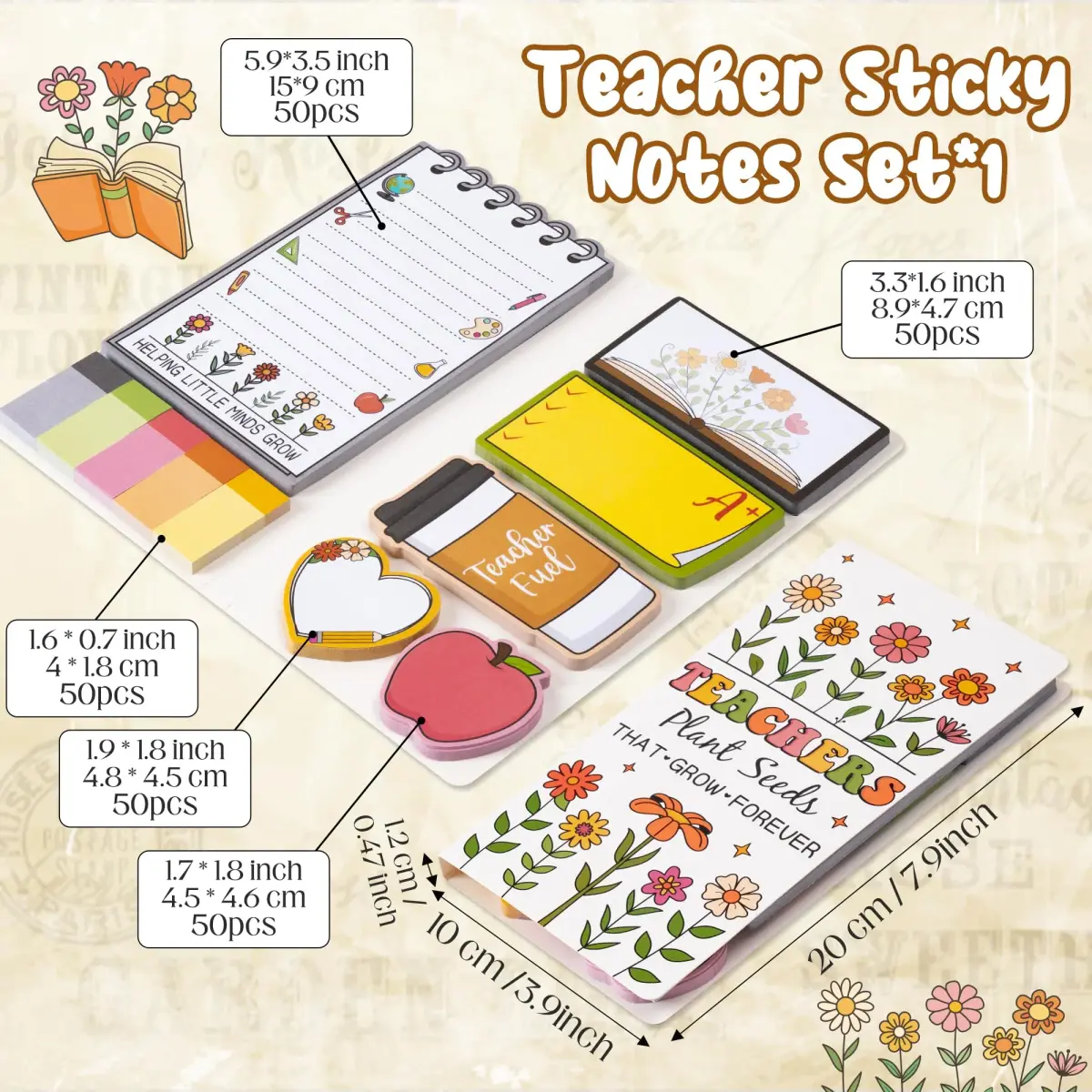 Xqumoi Retro Wildflowers Teacher Sticky Notes Set | 550 Sheets - view 2