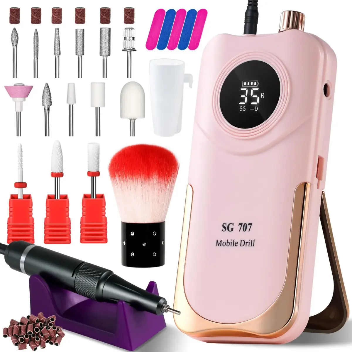 MOSKANY Professional Nail Drill Kit 35000RPM Pink | 12V (48W) Rechargeable Cordless Electric Nail File with LCD Display & 14 Bits - main product image