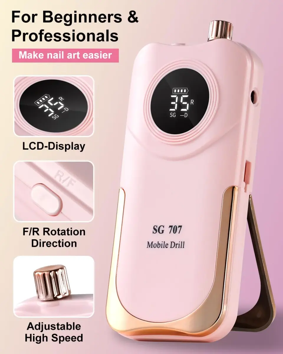 MOSKANY Professional Nail Drill Kit 35000RPM Pink | 12V (48W) Rechargeable Cordless Electric Nail File with LCD Display & 14 Bits - view 7