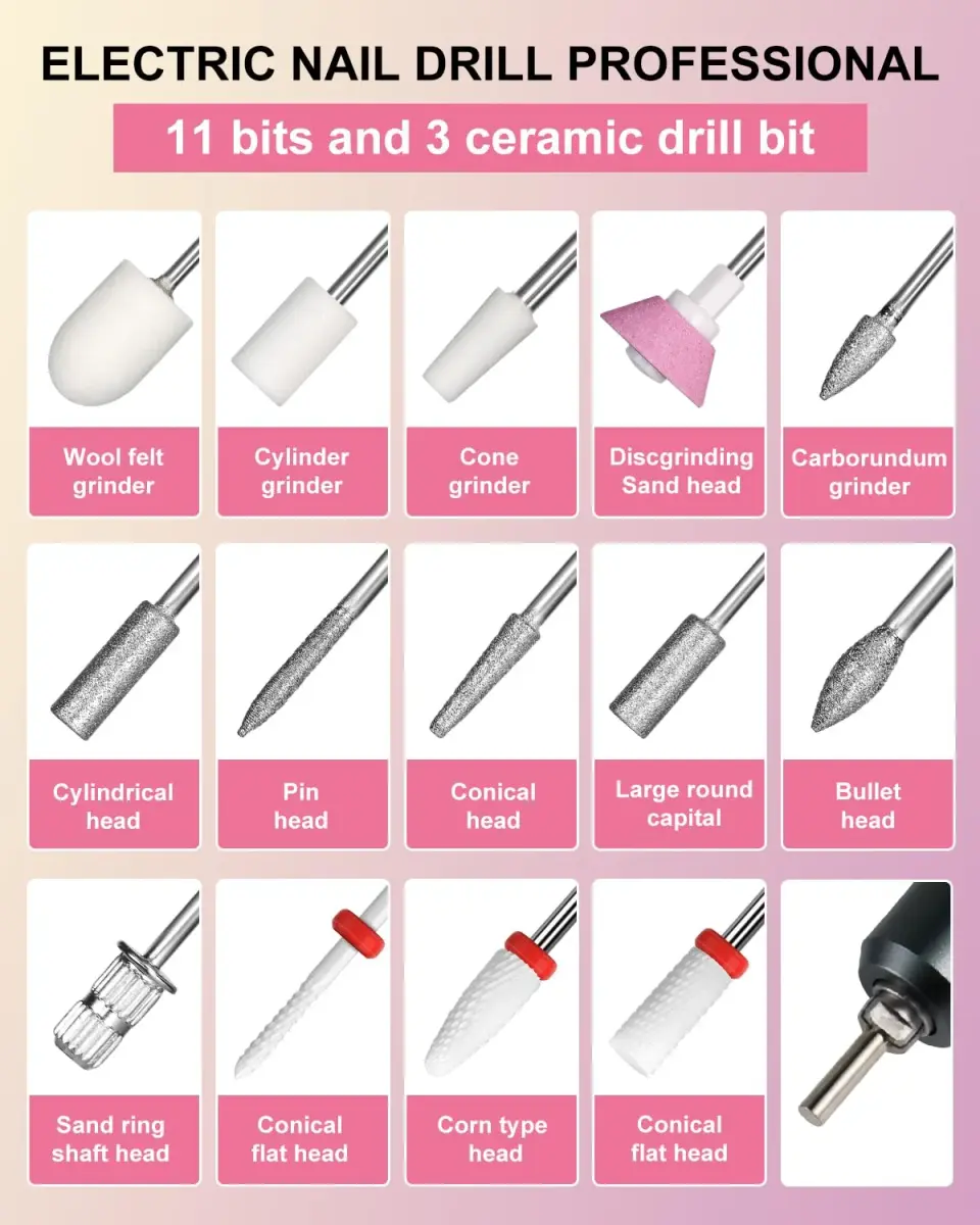 MOSKANY Professional Nail Drill Kit 35000RPM Pink | 12V (48W) Rechargeable Cordless Electric Nail File with LCD Display & 14 Bits - view 8