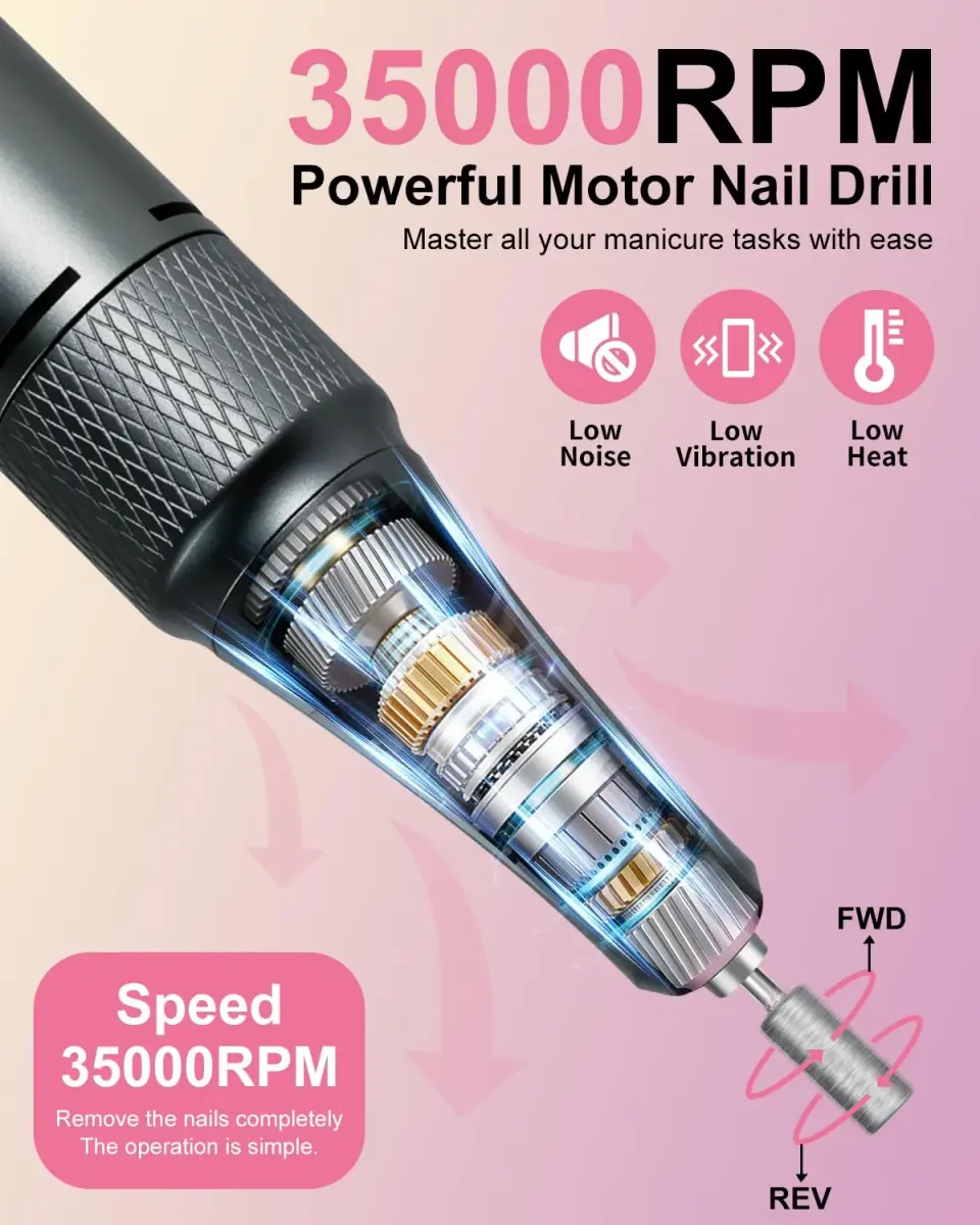 MOSKANY Professional Nail Drill Kit 35000RPM Pink | 12V (48W) Rechargeable Cordless Electric Nail File with LCD Display & 14 Bits - view 2