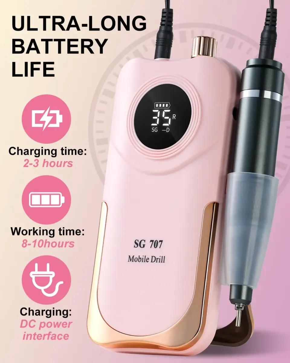 MOSKANY Professional Nail Drill Kit 35000RPM Pink | 12V (48W) Rechargeable Cordless Electric Nail File with LCD Display & 14 Bits - view 3