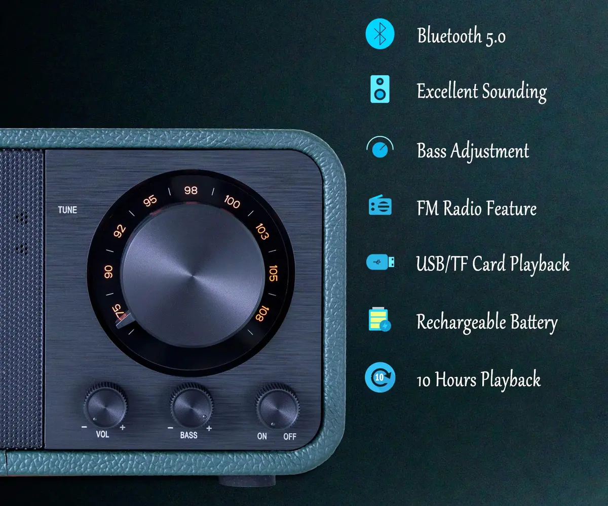 BentMax Vintage Radio FM Bluetooth Speaker Leather Green | Retro Design with 10H Playback - view 3