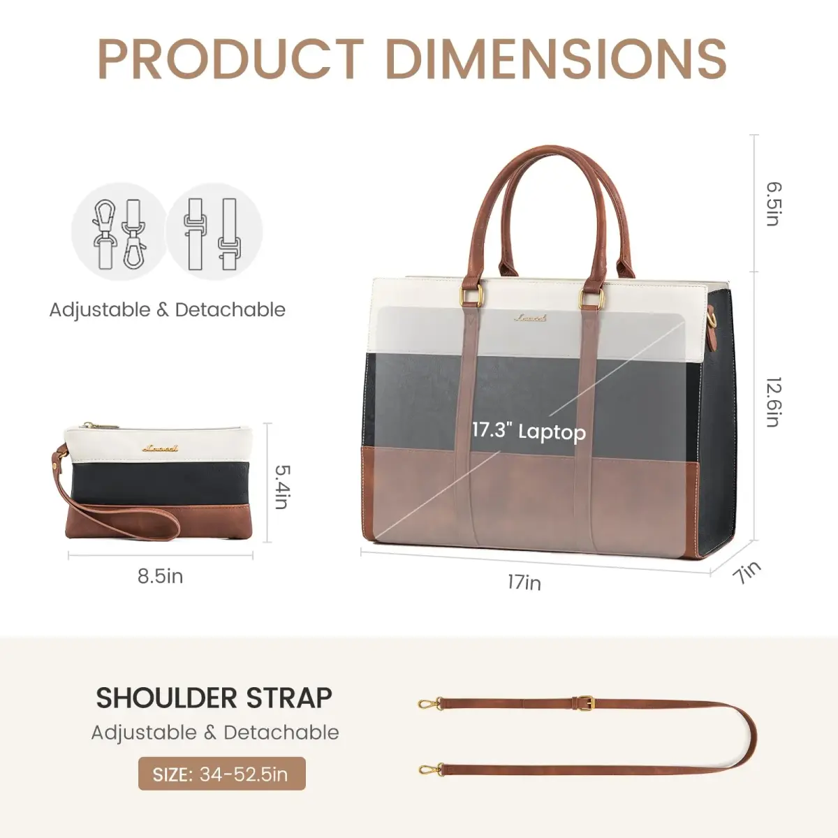 LOVEVOOK Laptop Bag for Women 17.3 Inch Vintage Leather Tote Bag | Water-Resistant Work Bag with Clutch - view 5