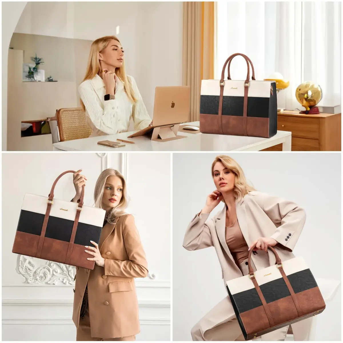 LOVEVOOK Laptop Bag for Women 17.3 Inch Vintage Leather Tote Bag | Water-Resistant Work Bag with Clutch - view 2