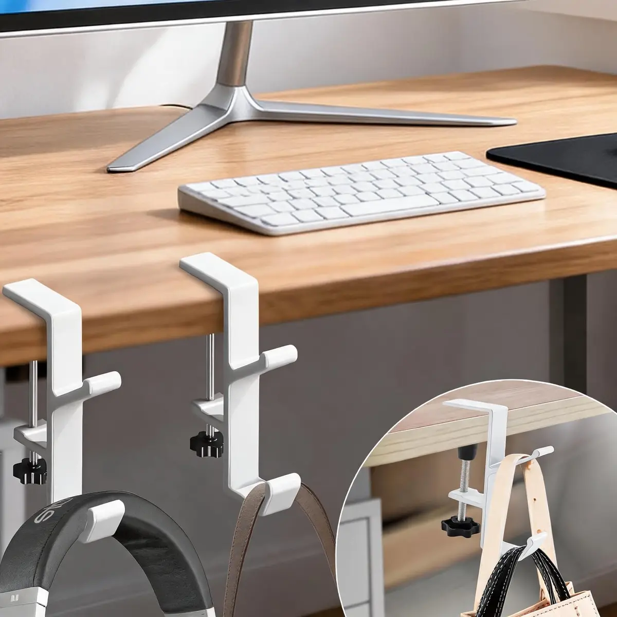CaLeQi White 2 Pcs Double Hook Clamp Mount for Desks & Tables | Holds up to 13.6 kg (30 lb) - main product image