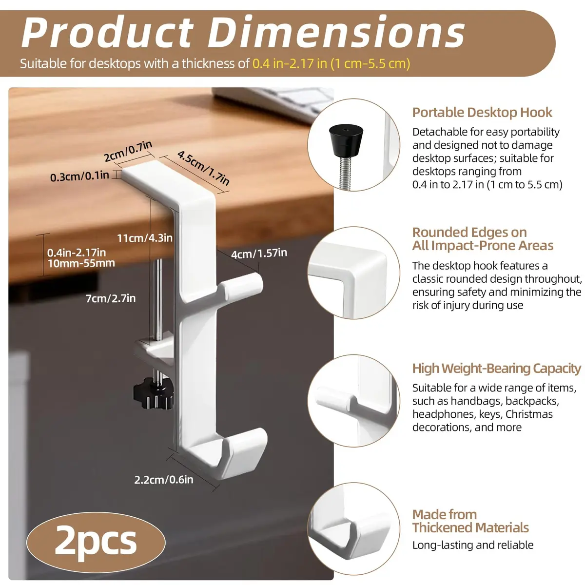 CaLeQi White 2 Pcs Double Hook Clamp Mount for Desks & Tables | Holds up to 13.6 kg (30 lb) - view 2
