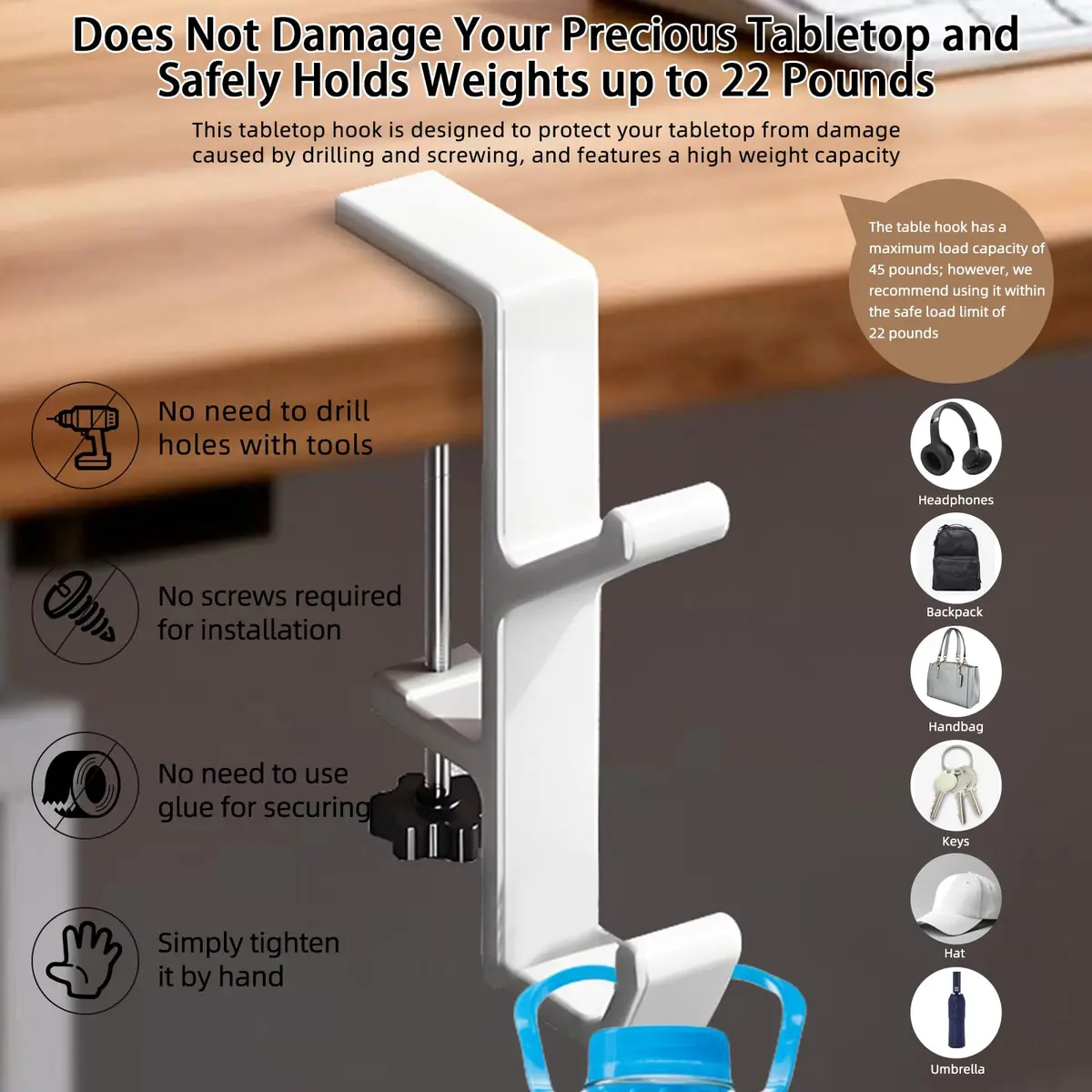 CaLeQi White 2 Pcs Double Hook Clamp Mount for Desks & Tables | Holds up to 13.6 kg (30 lb) - view 4