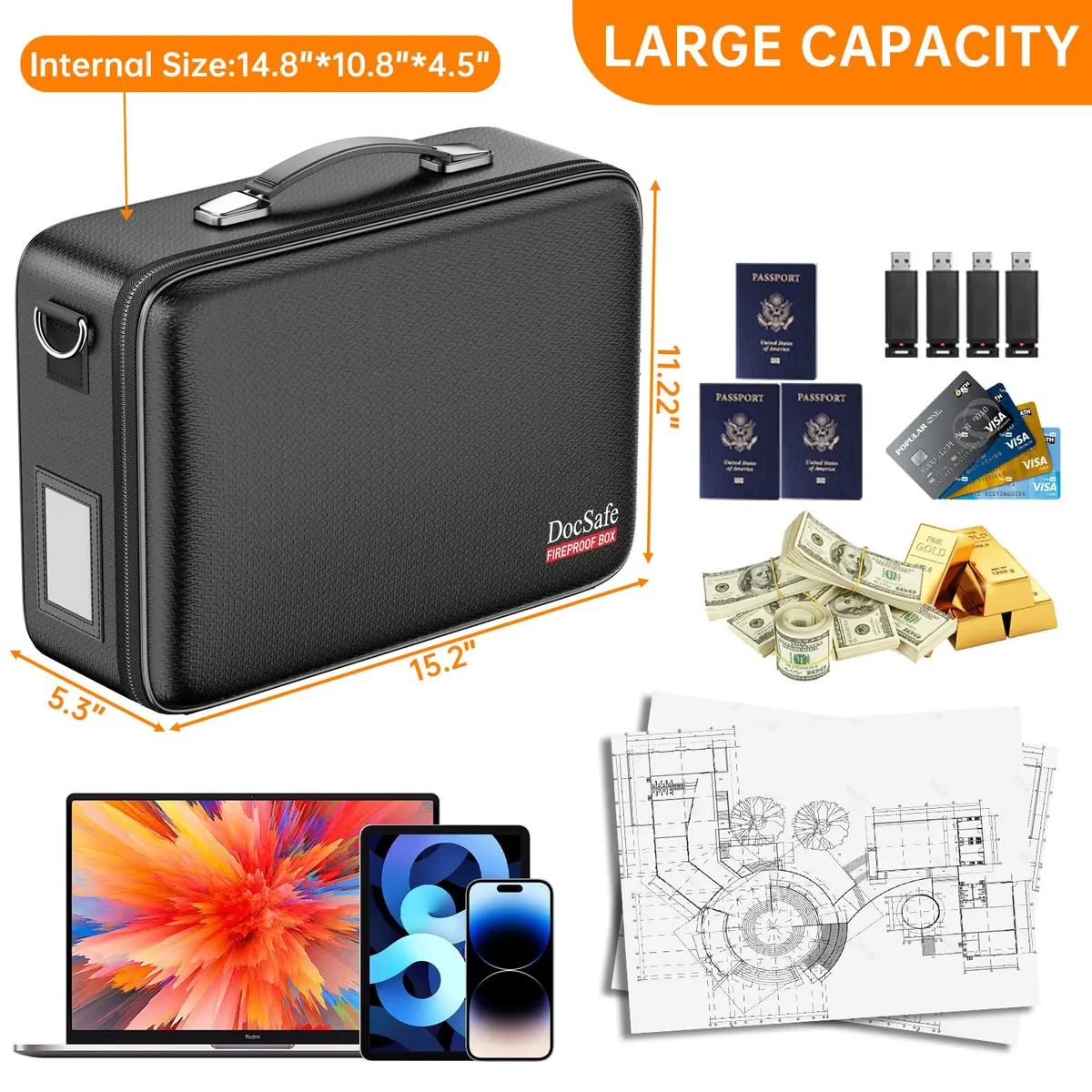 DocSafe Fireproof Document Box Hard Case with Lock & Accordion File Folder | Multi-Layer Safe Storage for Important Documents - view 5