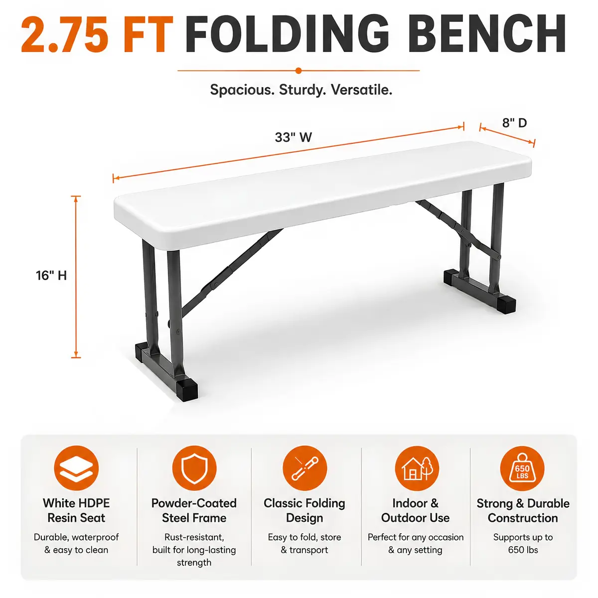 New Home Era 2.75ft Plastic Folding Bench | Lightweight & Portable White Resin with Steel Frame - view 5