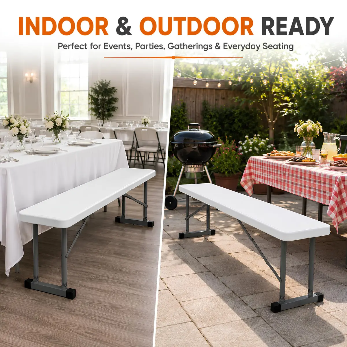New Home Era 2.75ft Plastic Folding Bench | Lightweight & Portable White Resin with Steel Frame - view 6