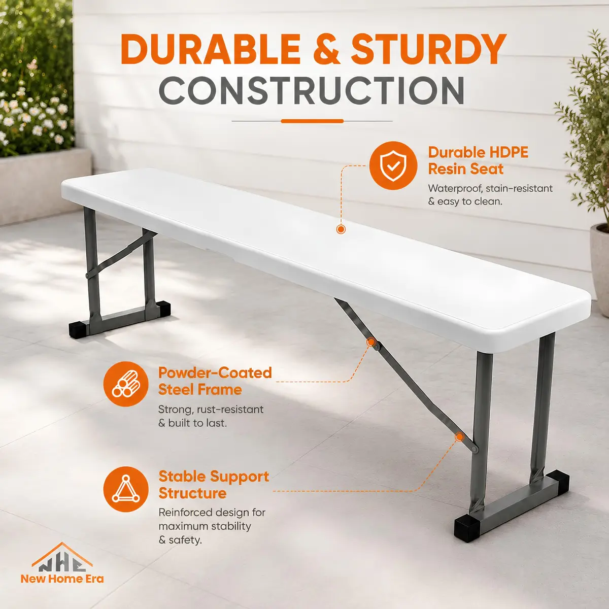 New Home Era 2.75ft Plastic Folding Bench | Lightweight & Portable White Resin with Steel Frame - view 2