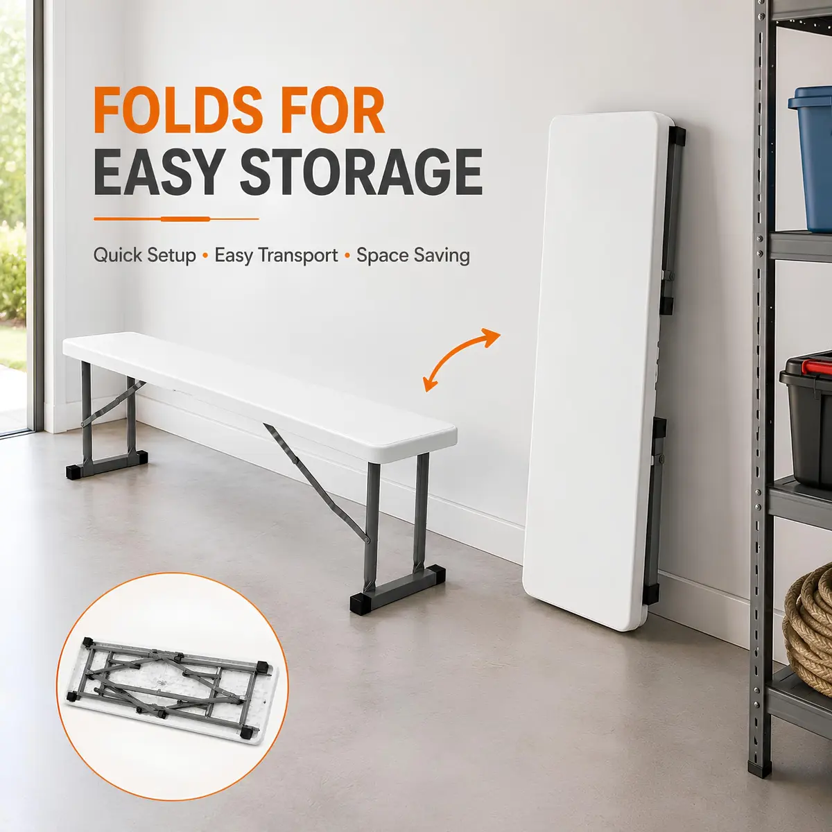 New Home Era 2.75ft Plastic Folding Bench | Lightweight & Portable White Resin with Steel Frame - view 3