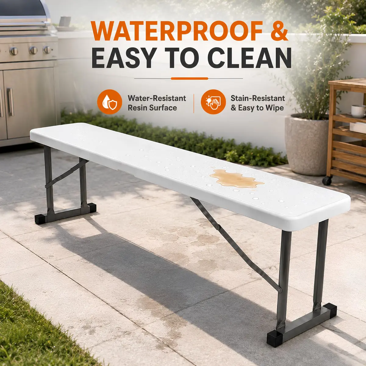 New Home Era 2.75ft Plastic Folding Bench | Lightweight & Portable White Resin with Steel Frame - view 4